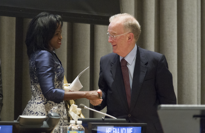 Helena Ndume of Namibia and Jorge Fernando Branco Sampaio of Portugal, the winners of the first United Nations Nelson Rolihlahla Mandela Prize, at the award ceremony on 24 July 2015. UN Photo/Rick Bajornas