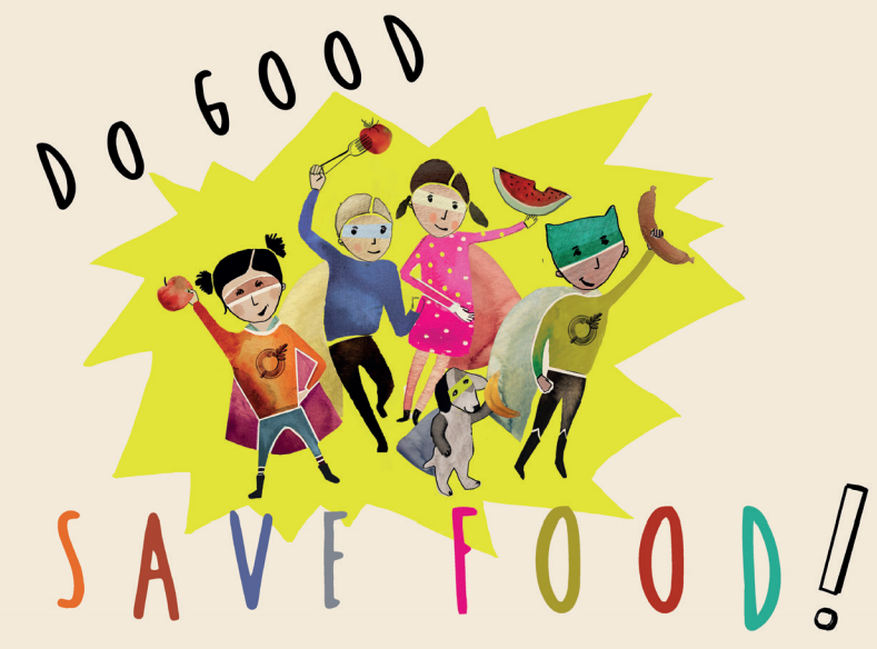 Cartoon with super hero-kids that do not waste food