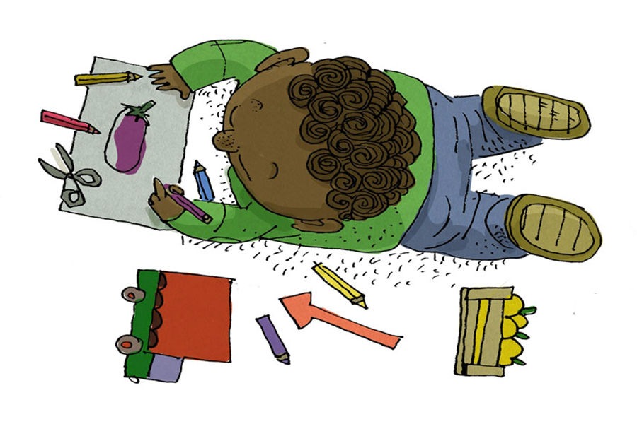 Illustration of a boy laying on the floor drawing.