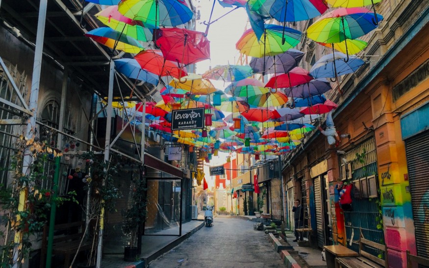 street with umbrellas hanging