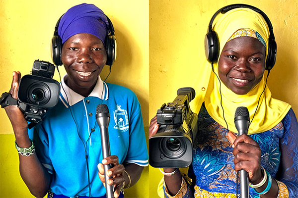 Composite of two photos of women against holding video cameras against a bright yellow background.