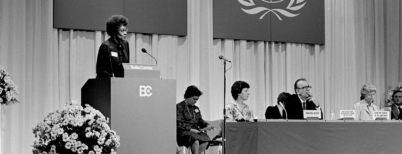 Lucille Mair, Secretary-General of the Conference, speaking at the opening ceremony of the conference.