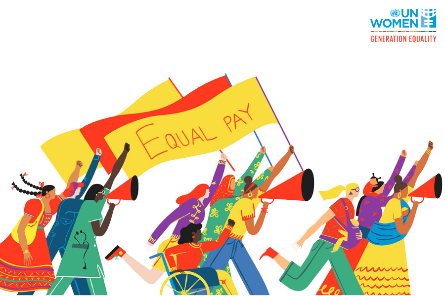 Illustration of women moving forward demanding equal pay.