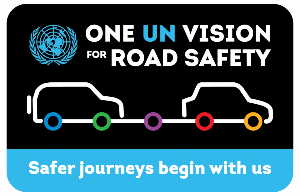 Illustration of two vehicles with text 'One UN Vision for Road Safety: Safer journeys begin with us'