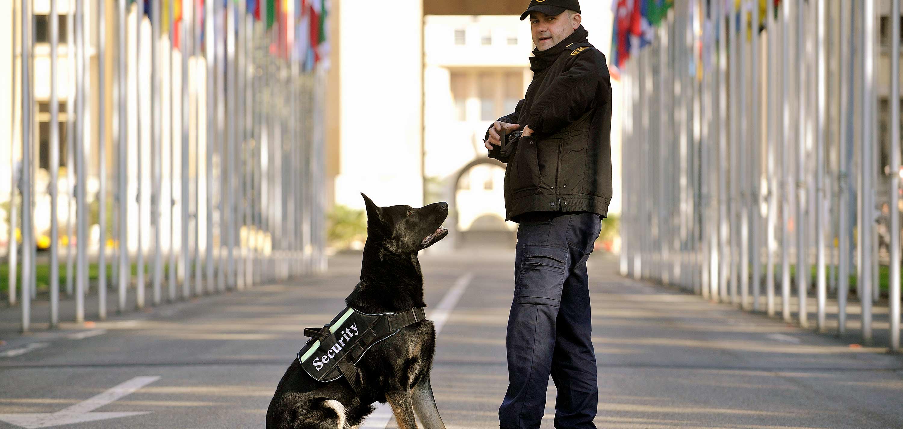 UN Security Officer stands at the entry-way to UNOG with his bomb-sniffing dog sitting beside him.