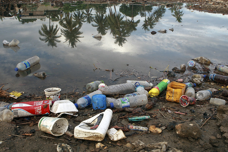 Plastic bottles and garbage waste from a nearby village wash on the shores of a river 