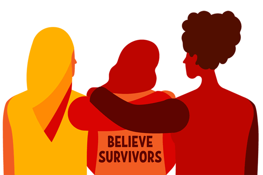 Illustration of two women hugging a third wearing a shirt that reads “believe survivors”.