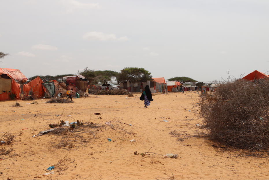 A wide shot of a section of Kahda IDP camp in Mogadishu, Somalia.