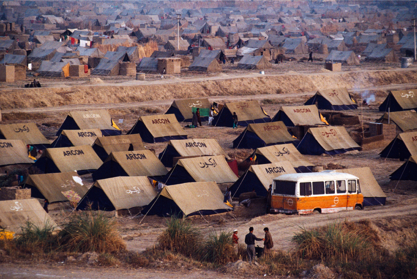 Aerial view of an Afghan refugee camp.