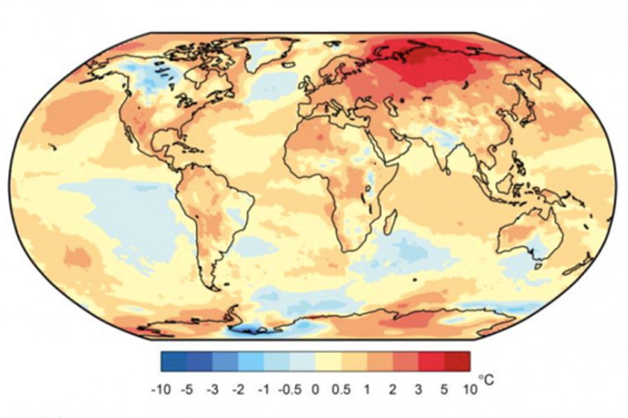 Map of the world colour-coded by temperature. 