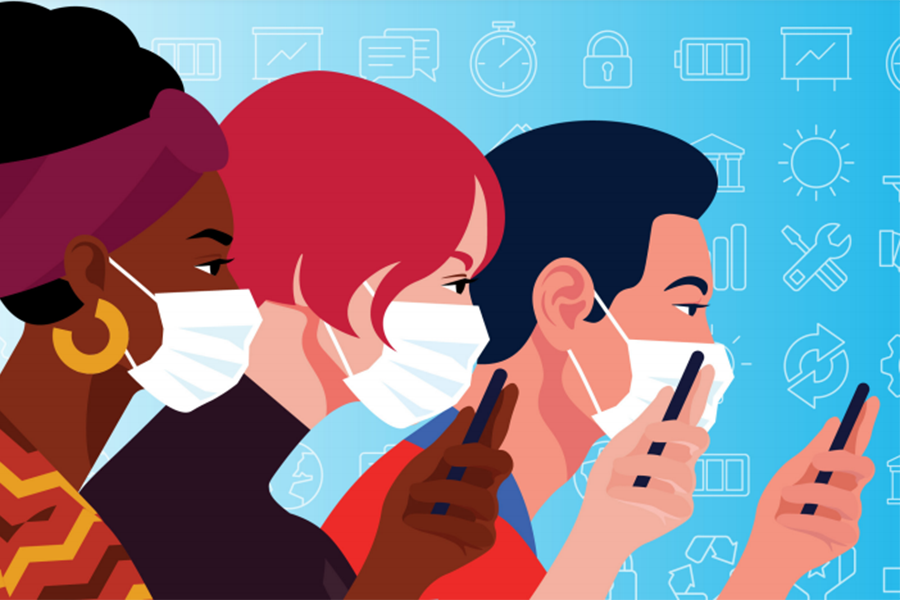 An illustration of three people wearing facemasks looking at their phone screens