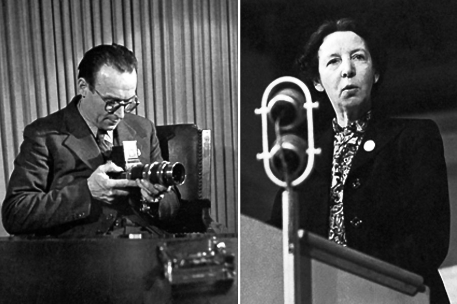 Two black and white images of a man and a camera and a woman speaking at a podium.