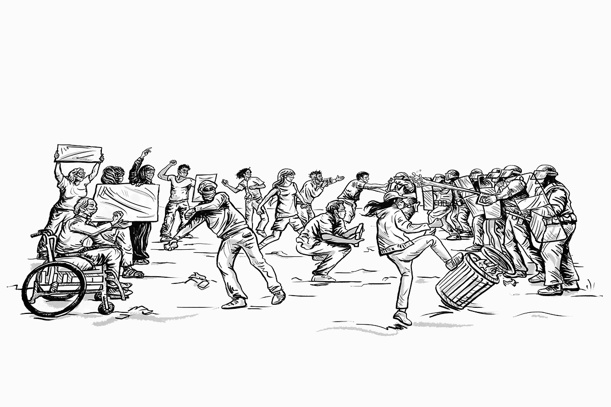 Drawing of protestors confronting a uniformed force.