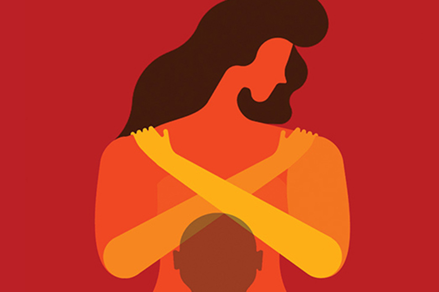 Illustration of a woman with her arms crossed and the silhouette of a man.