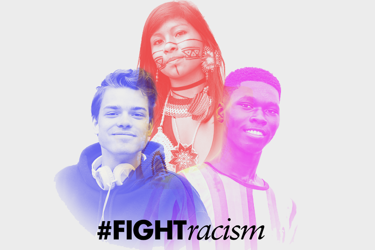 Portraits of three young people with the hashtag #FIGHTracism below.