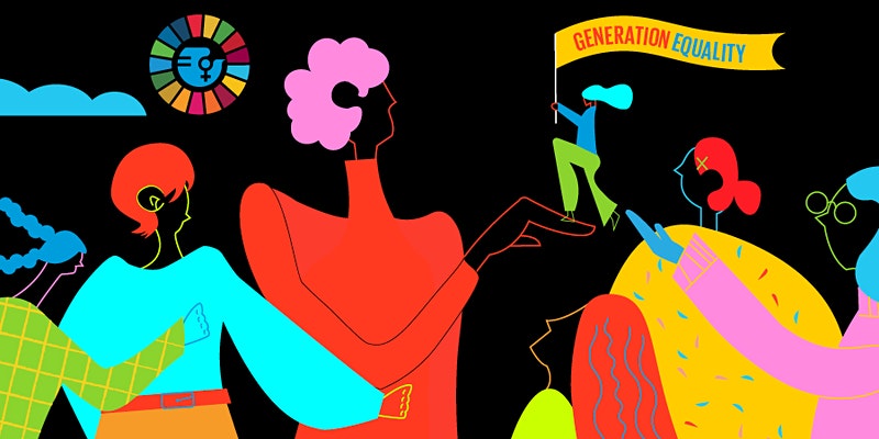 Illustration for International Women's Day. It says "generation equality" and has the sustainable development goals logo.