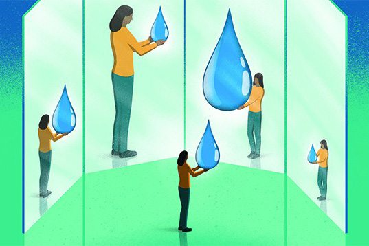 An illustration of a woman holding up a water drop in front of multiple mirrors.