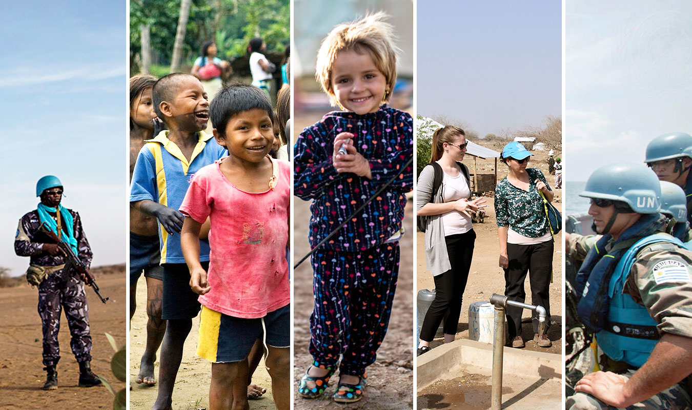 Un collage de imágenes que muestran a varios miembros del personal de las Naciones Unidas en el trabajo y que también muestran a niños.