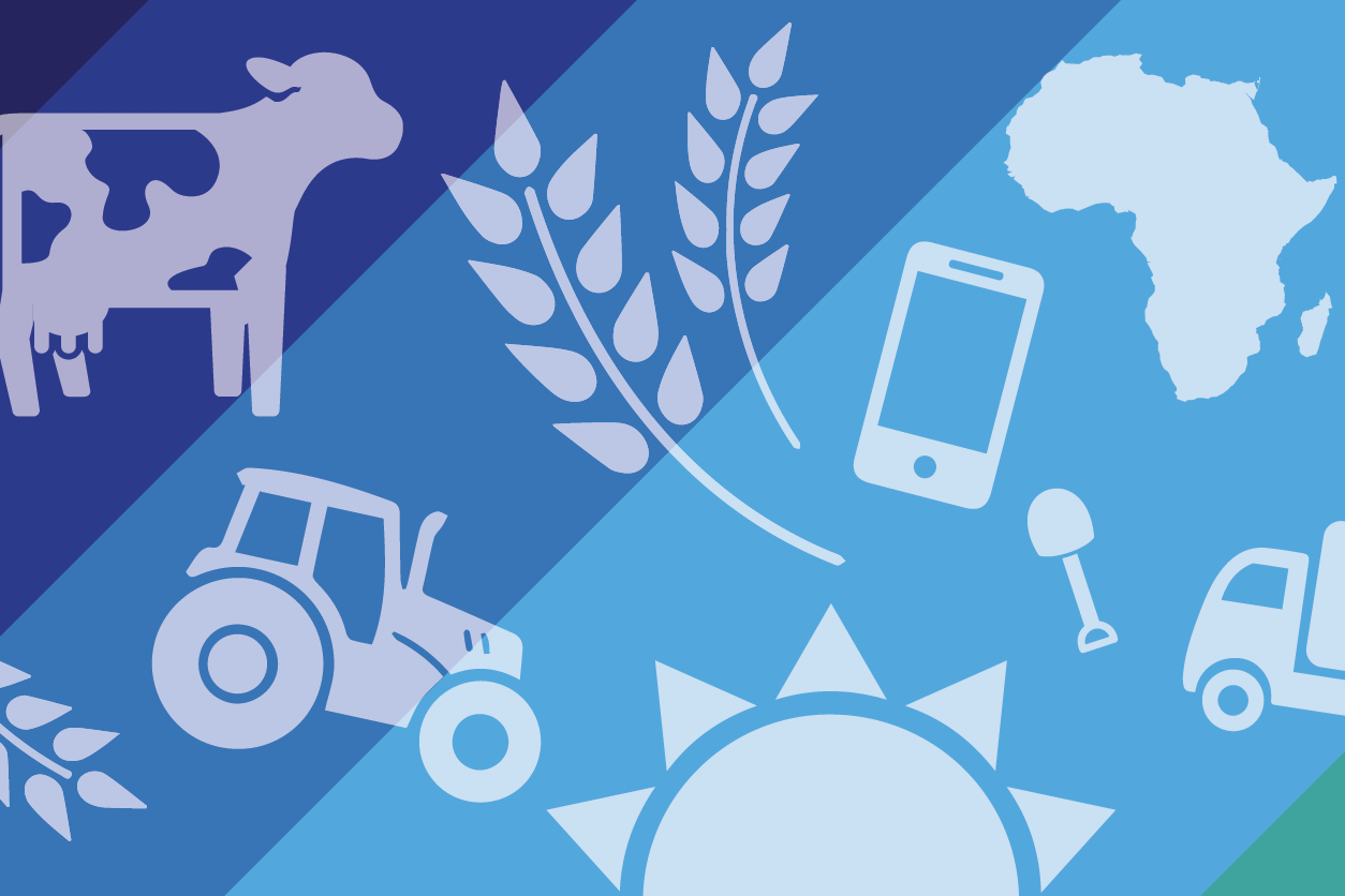 Report cover - Illustration with the silhouette of the African continent, grass, a truck, a cellphone, a cow and a shovel.