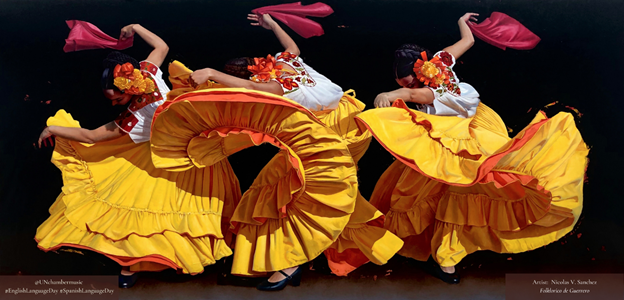 Tres bailarinas en un escenario bailando flamenco