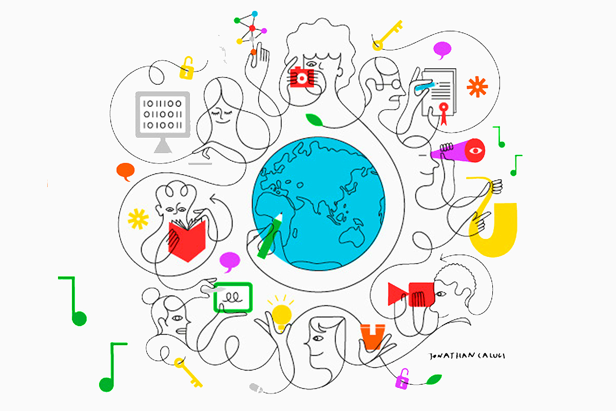 A contour drawing of the globe connected by lines to the arts, technology, music, and literature. 