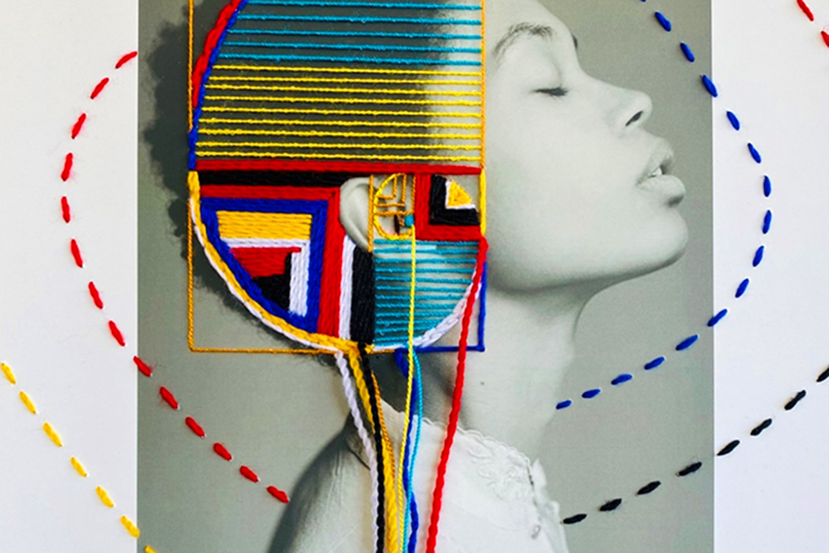 Collage de una foto de una mujer costuras de diferentes colores.