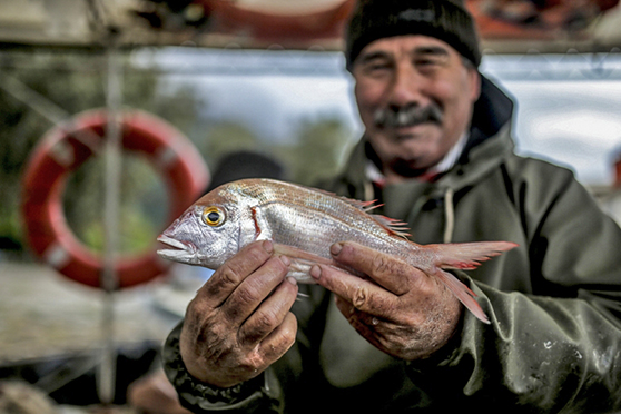 A smiling fisherman holding a fish.