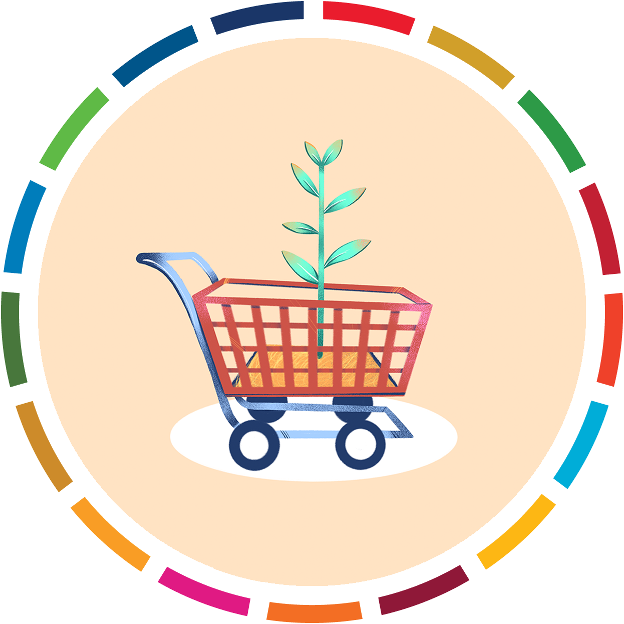 Composição gráfica: um carrinho de compras com uma planta nascendo de dentro dele