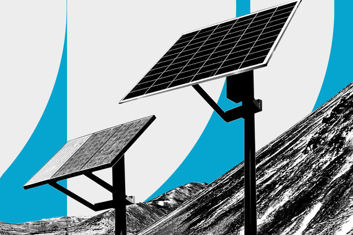 Illustration of solar panels by among big waves