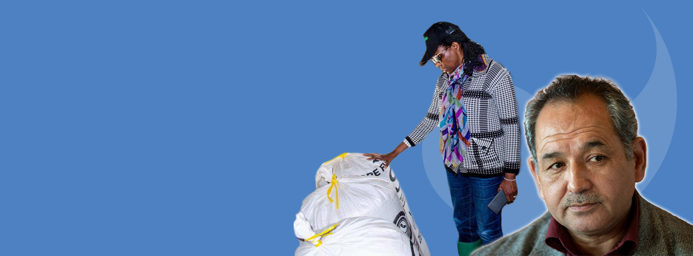 2 photos: Dr. Kalibata inspects sacs of food, Mr. Torbaz looking thoughtful.