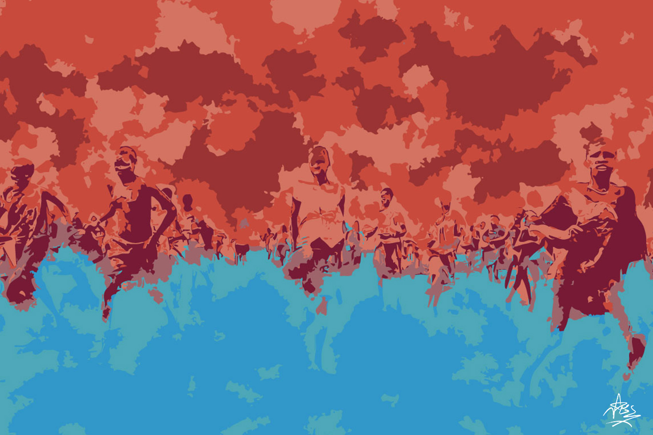 human figures running while consumed by shades of red (global warming) and shades of blue (tsunami as a climate change phenomenon)