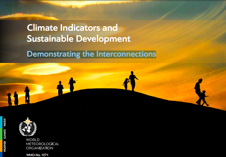 Photocomposition: wmo Portada del informe shows the shadows of people walking on a mountain agains a sunset horizon