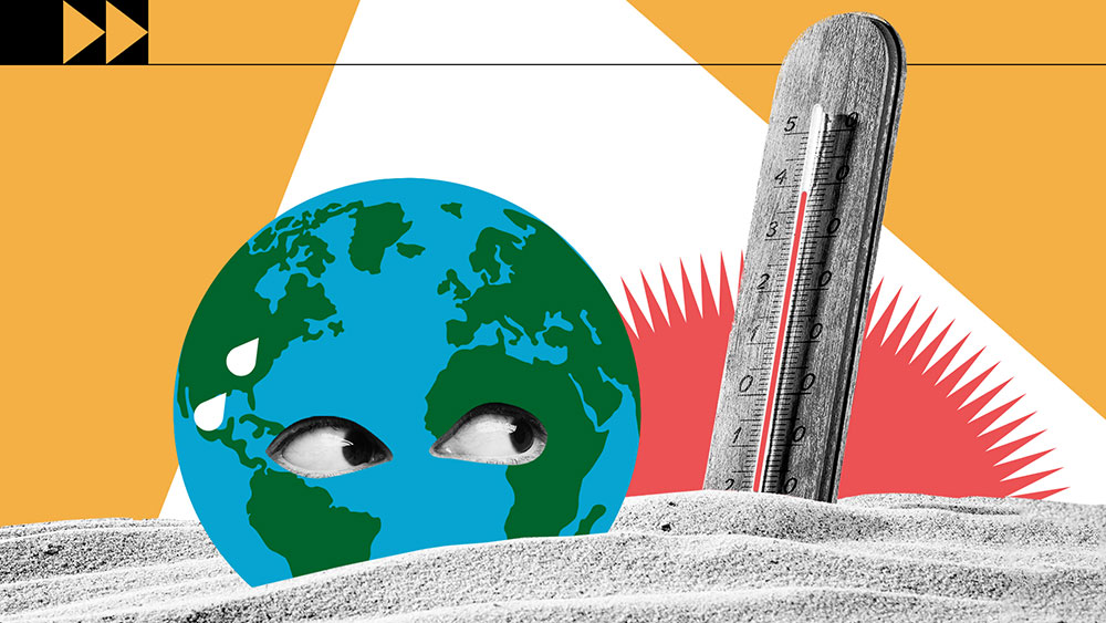 illustration of the earth sweating with a thermometer next to it