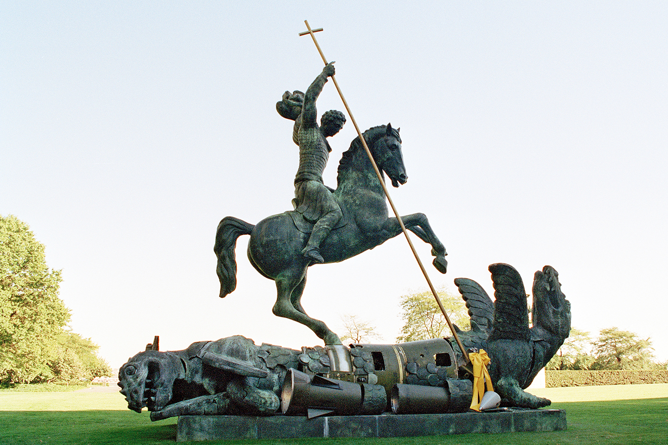 Sculpture 39 feet high depicting St. George slaying the dragon.