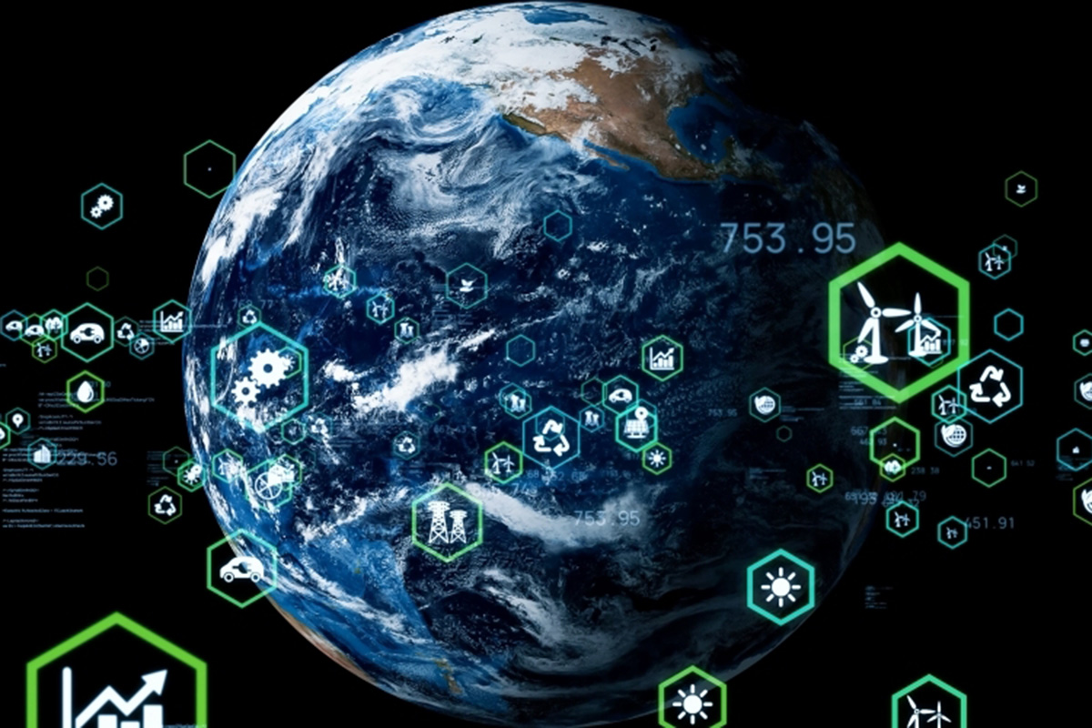 The globe with illustrations of different data points around it.