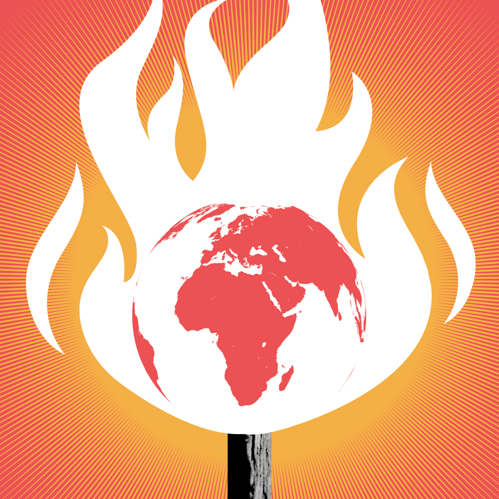 Photocomposition: illustration of the Earth on fire