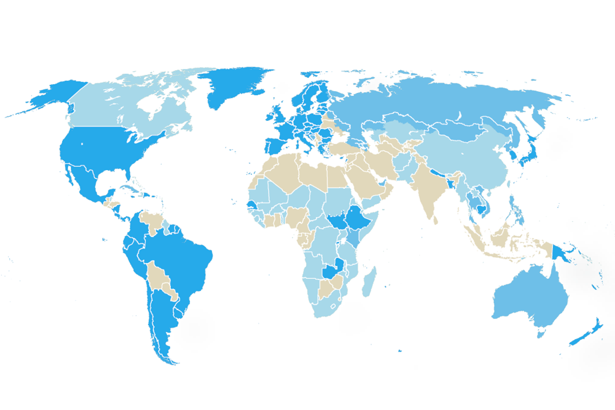Colour-coded world map representing growing net-zero commitments 