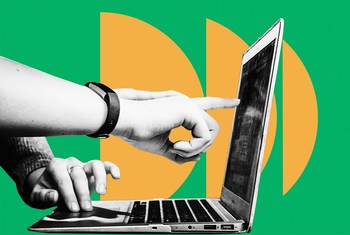 A head points to a laptop screen with a green and yellow geometric background.