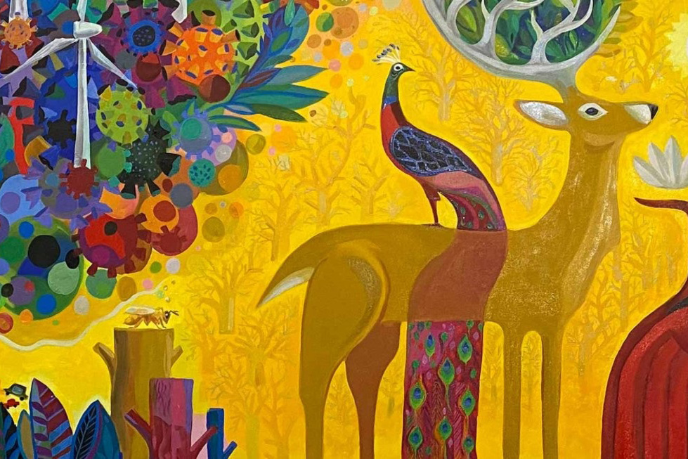 painting depicting a deer and peacock in nature and detritus from technology