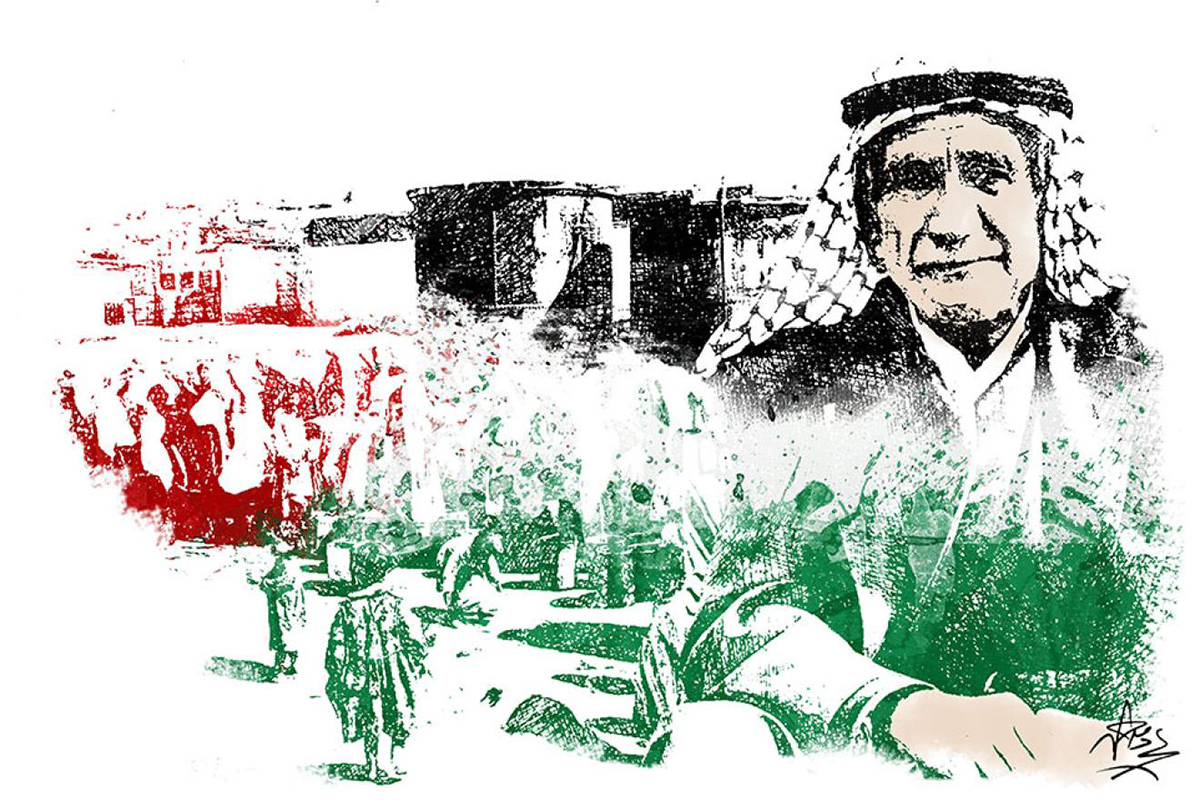 Illustration of a man wearing a keffiyeh with people in the background all in red, green and black (the colours of the Palestinian flag)