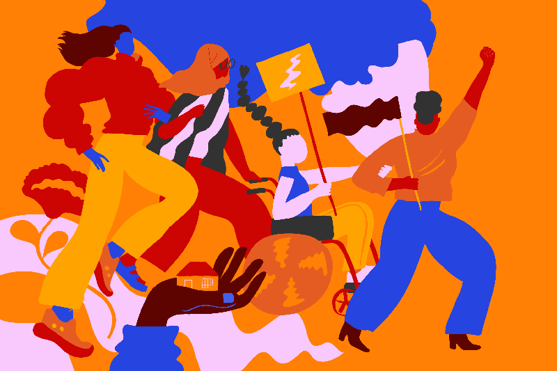 drawing of women marching with flags