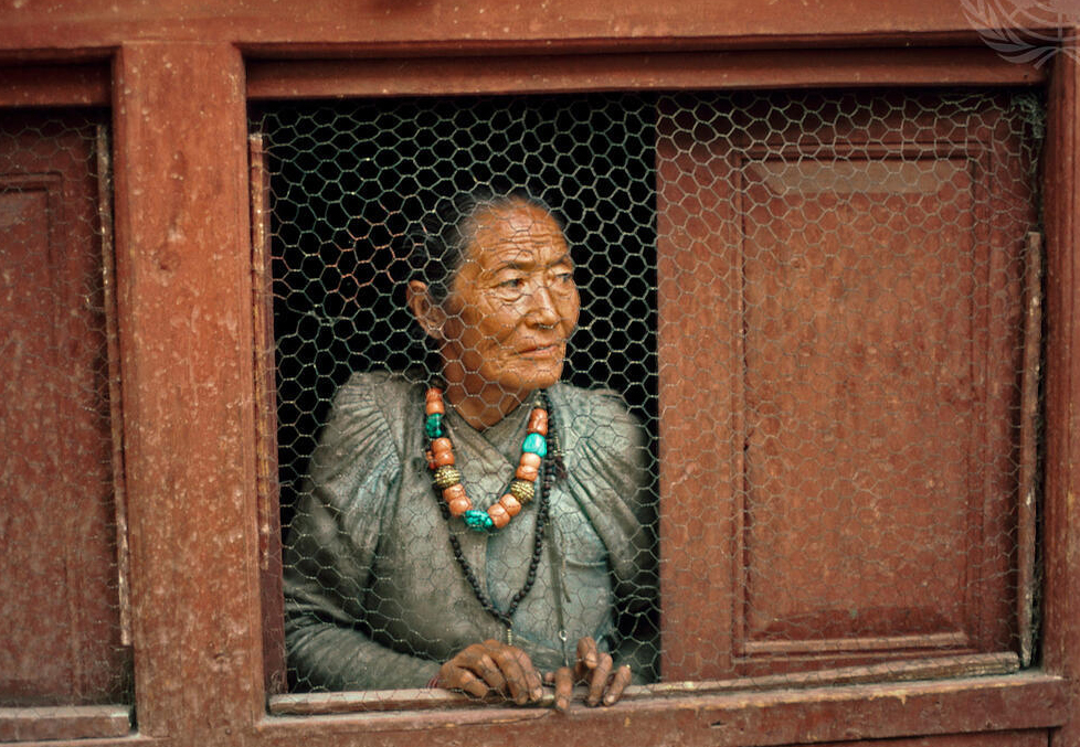 An elderly woman looks out a window