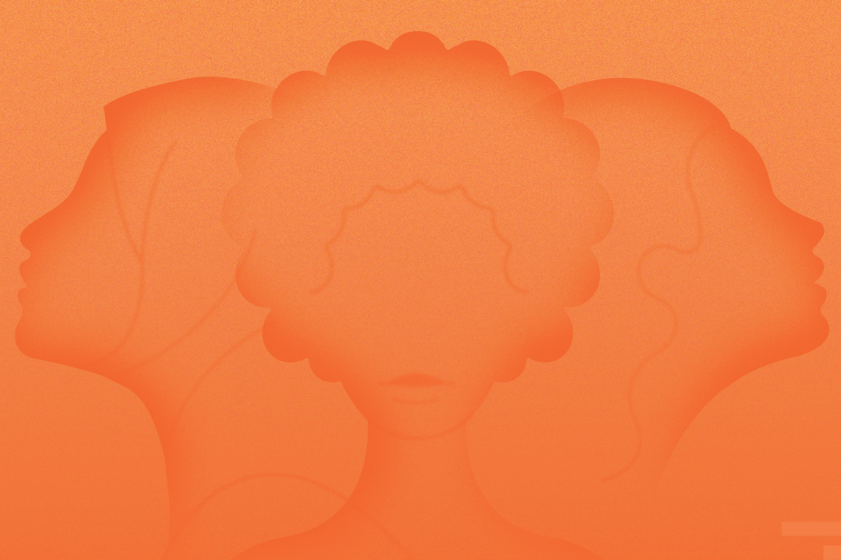 silhouettes of women's faces on an orange background