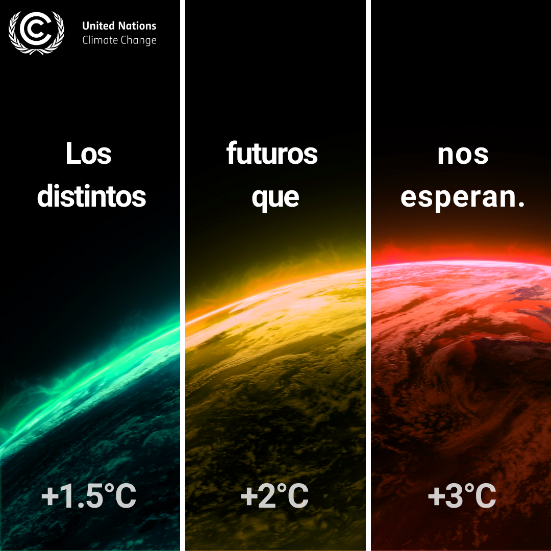 Los distintos futuros que nos esperan: más de 1,5 ºC, más de 2 ºC, más de 3 ºC.