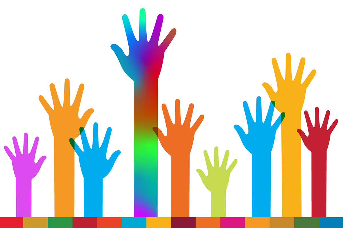 illustration of raised hands in many colors