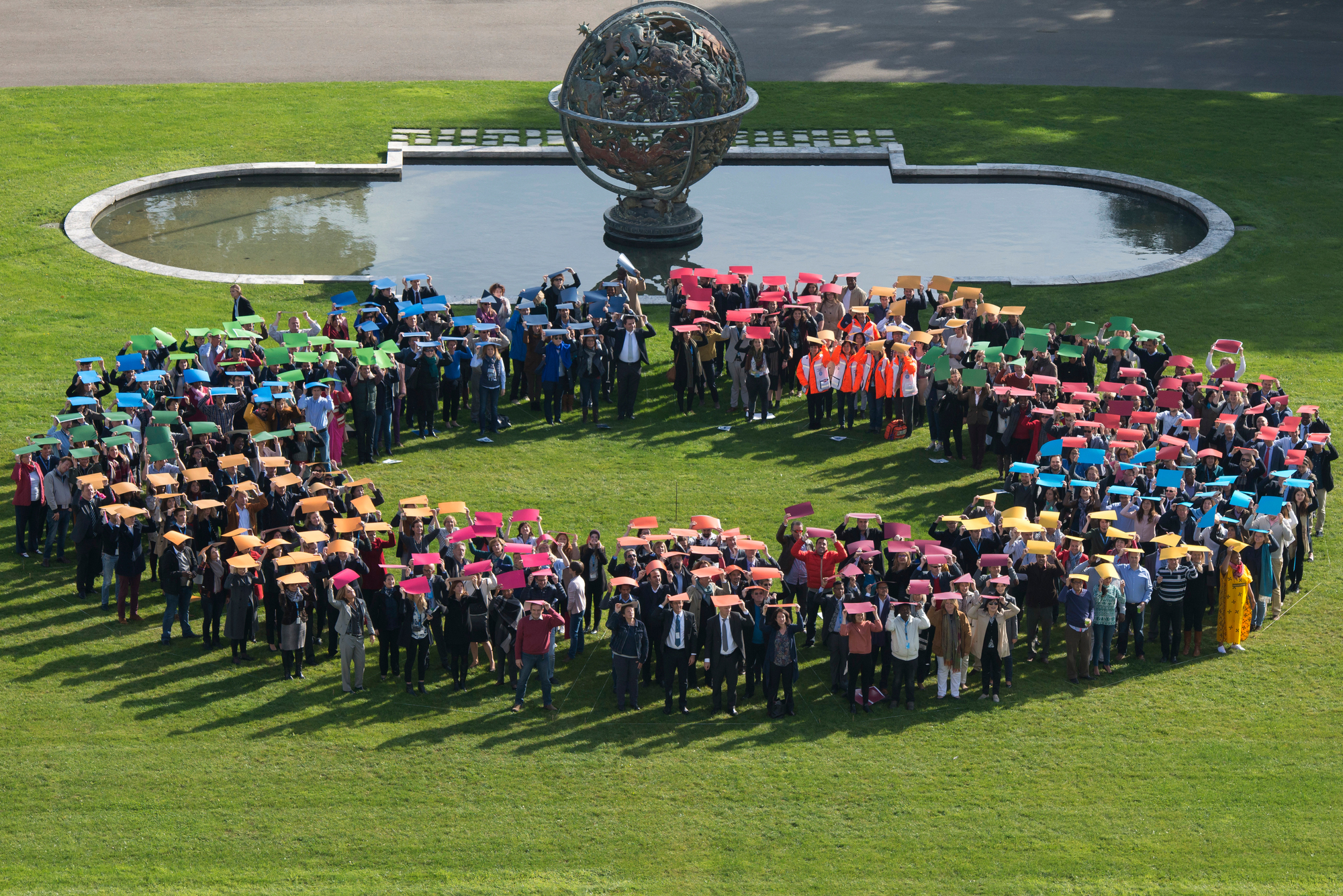 Aerial group photo of UN staff in Geneva simulating the SDGs logo.