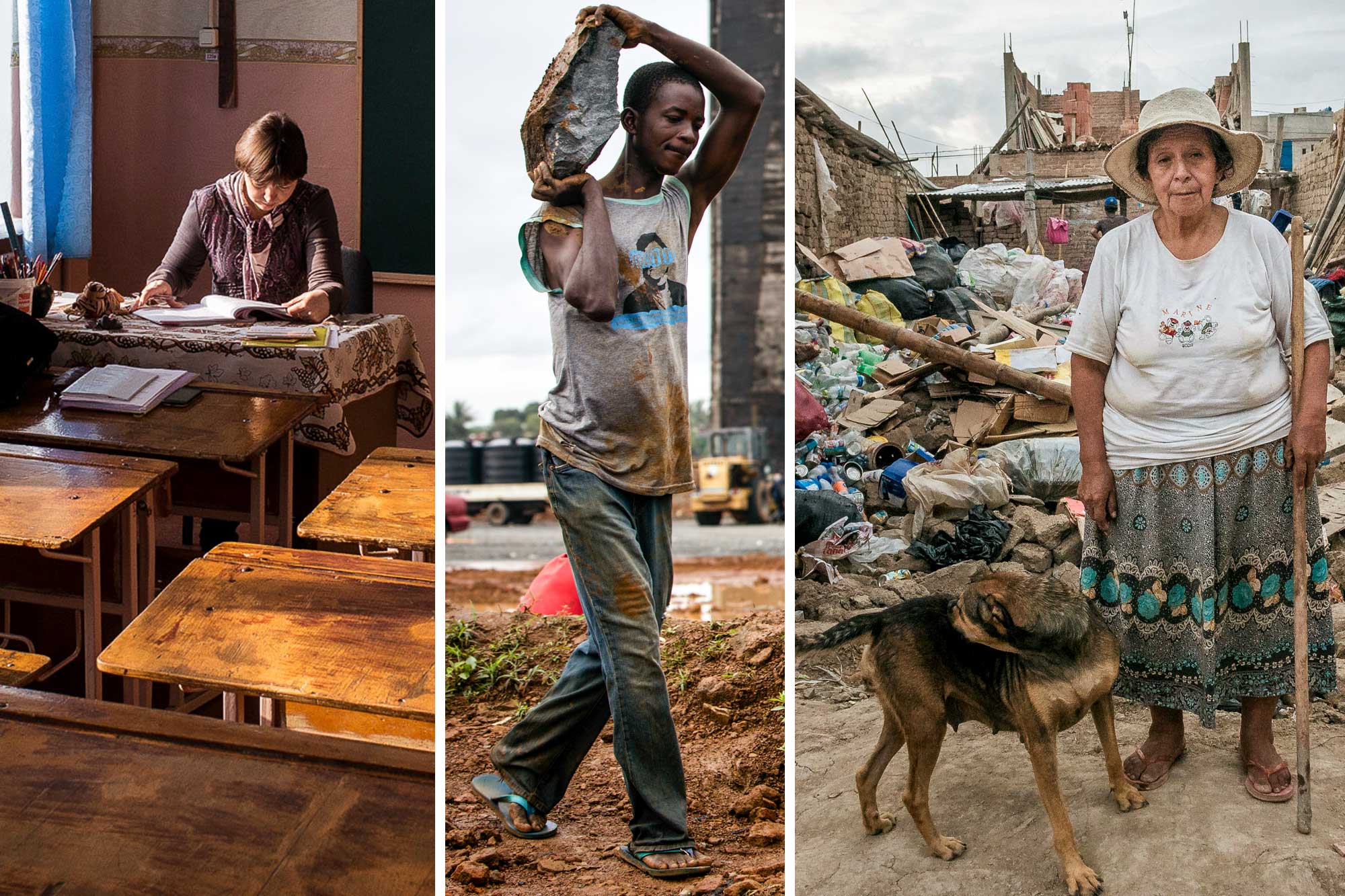 3 photographs, a teacher in school, a man carrying a rock, a woman stadning with her dog amidst rubble