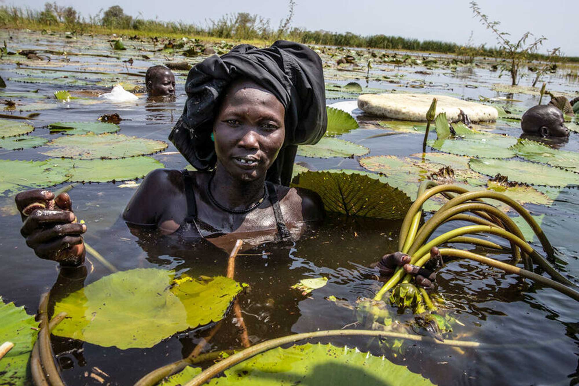 Woman submerged to her shoulders in water is holding water lilies