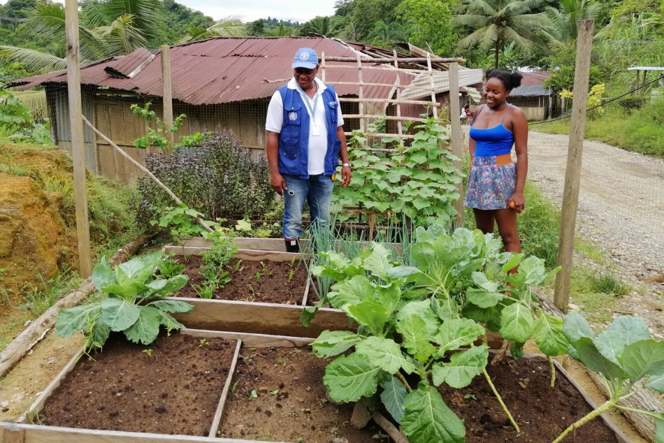 A man wearing a FAO cap stands next to a woman in front of a vegetable garden.