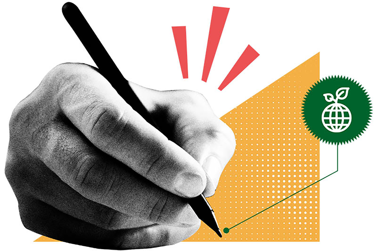 A hand holding a pen next to a planet where a plant grows